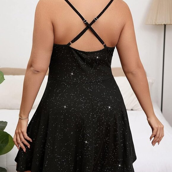 Women's Plus Size Sleeveless Glitter Wrap V Neck Flared Short Dress - Picture 2 of 6